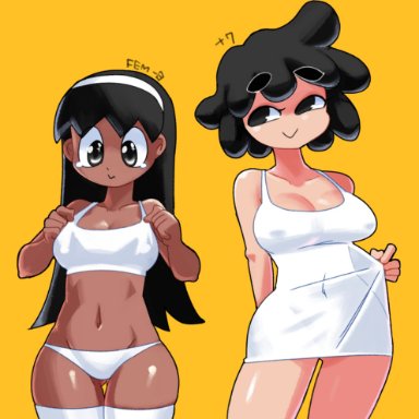 2021, 2girls, :>, absurd res, arm behind back, ass visible through thighs, bare arms, bare shoulders, black eyes, black hair, bra, breasts, character name, cleavage, clothing