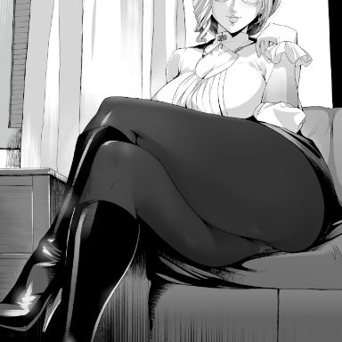 absurdres, adsouto, blonde hair, boots, breasts, cape, cleavage, cleavage cutout, clothing cutout, commentary, dakimakura (medium), earrings, english commentary, female, glasses