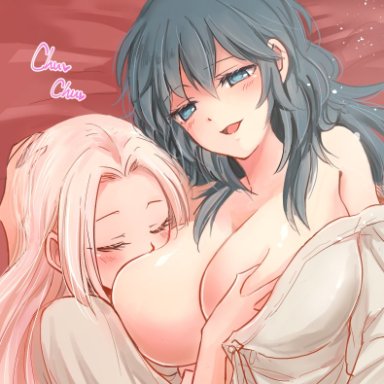 blue eyes, blush, breast grab, breast sucking, byleth (fire emblem), byleth (fire emblem) (female), closed eyes, edelgard von hresvelg, english text, fire emblem, fire emblem: three houses, futanari, hair between eyes, hand on head, huge breasts