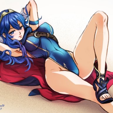 1girls, alternate costume, arms behind head, bare legs, blue eyes, blue hair, blue swimsuit, cape, fire emblem, fire emblem: awakening, frown, looking at viewer, lucina, lucina (fire emblem), medium breasts