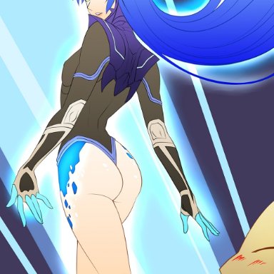 ass, blue hair, femboy, long hair, looking at viewer, looking back, looking back at viewer, male, nahobino (smt), oo sebastian oo, protagonist (shin megami tensei v), shin megami tensei, shin megami tensei v, solo, transformation