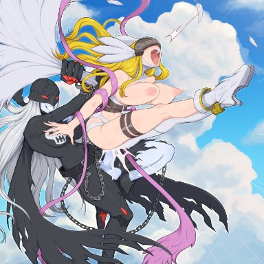 1futa, 1girls, afrobull, angel, angel wings, angewomon, ankle boots, asymmetrical clothes, balls, big breasts, big penis, black bodysuit, black wings, blonde hair, blue skin