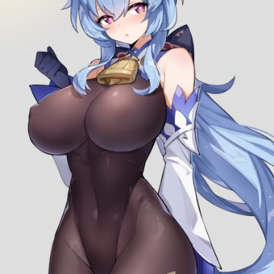 1girls, 2021, absurd res, ahoge, bare shoulders, bell, black bodysuit, black gloves, blue hair, blush, bodysuit, bow, breasts, clothing, covered navel