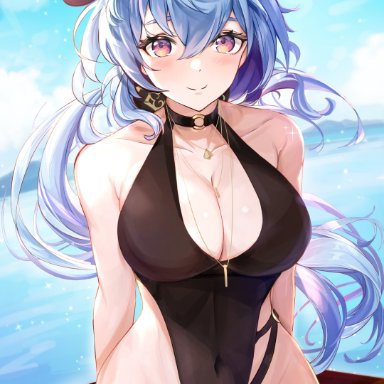 1girls, absurdres, alpakane, anthro, ass visible through thighs, big breasts, black swimsuit, blue hair, blush, breasts, cameltoe, cleavage, clothed, ganyu (genshin impact), genshin impact