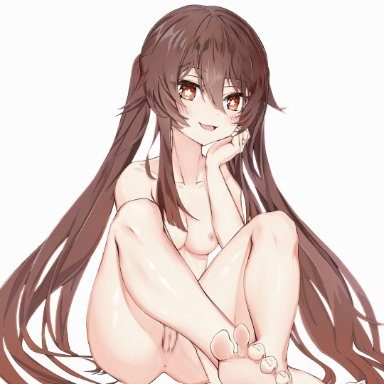 absurdres, anus, barefoot, blush, breasts, brown hair, censored, feet, female, flower-shaped pupils, genshin impact, ghost, highres, hu tao (genshin impact), jewelry