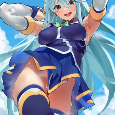 1girls, aqua (konosuba), armpits, blue eyes, blue hair, clothing, female, female only, kono subarashii sekai ni shukufuku wo!, long hair, looking at viewer, no panties, sky, solo, solo female