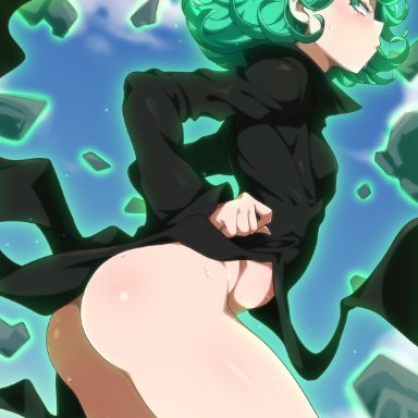 1girls, absurd res, ass, bottomless, female, green eyes, green hair, half-closed eyes, high resolution, jcm2, levitation, looking back, one-punch man, short hair, smaller female