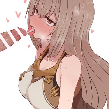 2021, aim (megido72), bar censor, bare arms, bare shoulders, blush, breasts, brown eyes, brown hair, censored, collarbone, cum, cum in mouth, dress, ejaculation