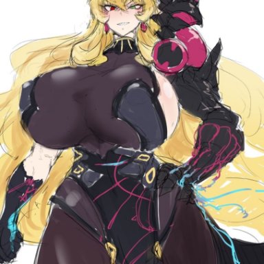 armor, bahrgest (fate), big breasts, blonde hair, bodysuit, curvy, exabyte, fae gawain, fairy knight gawain (fate), fangs, fate/grand order, fate (series), gawain (fairy knight) (fate), hand on hip, heterochromia