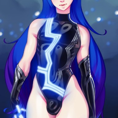 blue hair, bulge, femboy, fukumenshi, gloves, latex suit, long hair, looking at viewer, megami tensei, protagonist (shin megami tensei v), shin megami tensei, shin megami tensei v, tagme, twink, yellow eyes