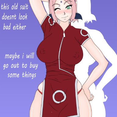 1girls, alternate costume, arm behind head, bangs, bare legs, blush, boruto: naruto next generations, bottomless, clothing, commentary, curvaceous, curvy, curvy female, curvy figure, diamond (shape)