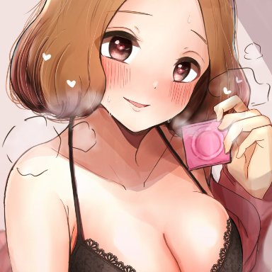 1girls, big breasts, blush, cleavage, condom, condom wrapper, female, female only, haru okumura, heart-shaped pupils, imminent sex, mebunryo (mebunryo2), persona, persona 5, visible breath