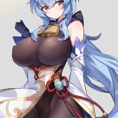 1girls, 2021, absurd res, ahoge, bare shoulders, bell, black bodysuit, black gloves, blue hair, bodysuit, bow, breasts, clothing, cowbell, detached sleeves