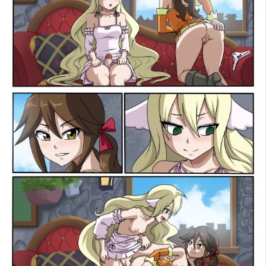 1futa, 1girls, areolae, ass, balls, blonde hair, bottomless, breasts, brown hair, clothed, clothing, comic, couch, detailed background, doggy style