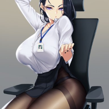 1girls, alternate version available, arm up, bare legs, black hair, black legwear, black nails, black pantyhose, black skirt, blueorca, breasts, chair, collared shirt, eyelashes, female