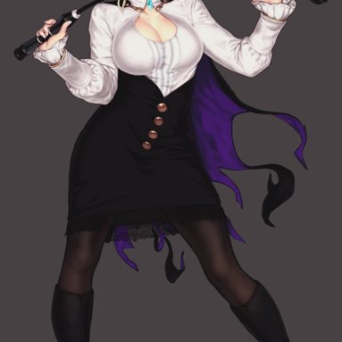 black legwear, black skirt, blonde hair, boots, breasts, cape, cleavage, cleavage cutout, clothing cutout, earrings, female, full body, gengoroumaru (ambidextrous), glasses, glynda goodwitch