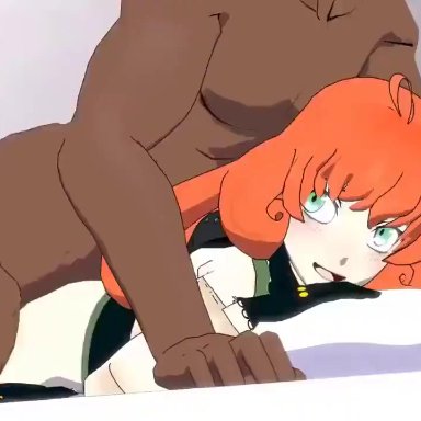 3d, animated, aqua eyes, ass, bed, clothed female nude male, clothing, dark-skinned male, deep penetration, female, freckles, fringe, from behind, ginger, gloves