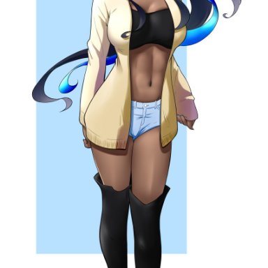 absurdres, alternate breast size, alternate costume, arms at sides, bandeau, black footwear, black hair, blue eyes, blue hair, boots, breasts, bun cover, cardigan, casual, closed mouth