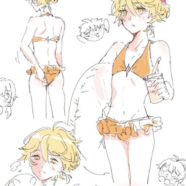 1boy, aether (genshin impact), beach, bikini, blonde hair, bulge, crossdressing, cute, drinking, femboy, floaty, flower in hair, genshin impact, gold eyes, hair bun