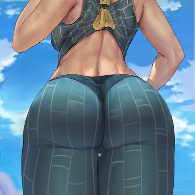 ass, bare shoulders, blonde hair, braid, double bun, female, from behind, green hair, highres, huge ass, jojo's bizarre adventure, jojo no kimyou na bouken, jolyne kujo, looking at viewer, looking back