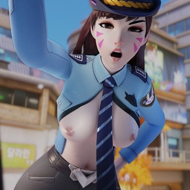 big breasts, blizzard entertainment, breasts, brown eyes, brown hair, d.va, nipples, officer, overwatch, police, police officer d.va, police uniform, tattoo, tie, yakinowo