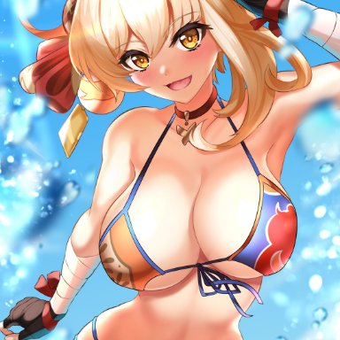 1girls, bikini, blonde hair, blush, breasts, cleavage, curvaceous, female, genshin impact, large breasts, nez-box, orange eyes, smile, yoimiya (genshin impact)