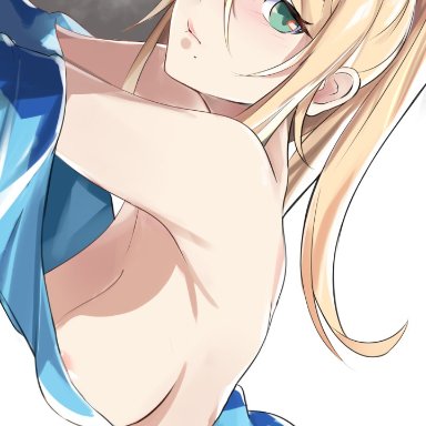 areola slip, blonde hair, breasts, breasts out of clothes, breasts outside, metroid, nintendo, samus aran, tomas (kaosu22), undressing, zero suit, zero suit samus