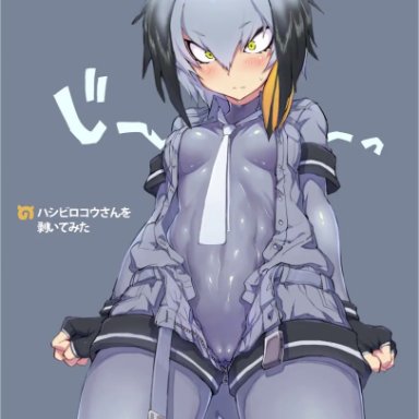 abs, animated, arms at sides, bangs, belt, between breasts, bird tail, black gloves, black hair, blush, blushing, bodystocking, bodysuit, breasts, breasts apart
