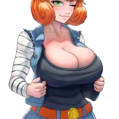 ahoge, big breasts, breasts, cosplay, crossover, freckles, green eyes, huge breasts, jeans, large breasts, orange hair, penny polendina, rwby, seductive, seductive smile