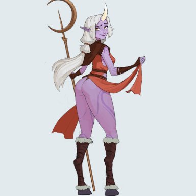 ass, blush, dress, dress aside, dress lift, hooves, horns, hyung (artist), league of legends, monster girl, orange eyes, pointy ears, presenting, presenting hindquarters, purple skin