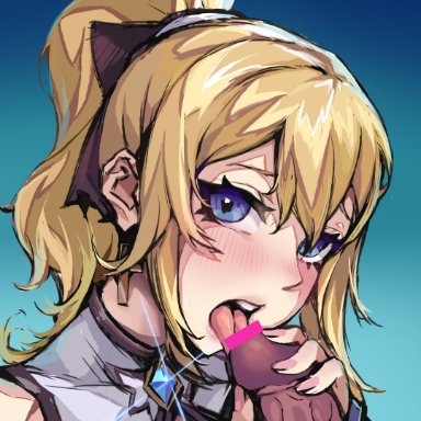 1boy, absurdres, bar censor, blonde hair, blue eyes, blush, bow, censored, cross, cross earrings, dark-skinned male, earrings, face, fellatio, female