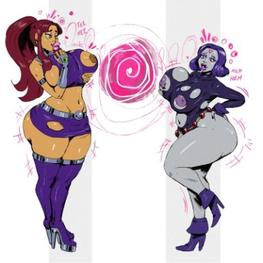 2girls, ass expansion, bimbofication, brain drain, brainwashing, breast expansion, dc, huge ass, huge breasts, hypnosis, lip expansion, mind break, raven, starfire, teen titans