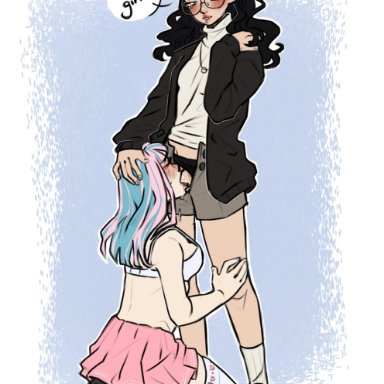 1futa, 1girls, black hair, blowjob, blue hair, blush, bra, clothed, clothed sex, clothing, cyan hair, drool, duo, female, female/female