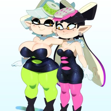 2girls, big breasts, breast envy, breast size difference, breasts, callie (splatoon), cleavage, female, female only, huge breasts, inkling, large breasts, marie (splatoon), somescrub, splatoon