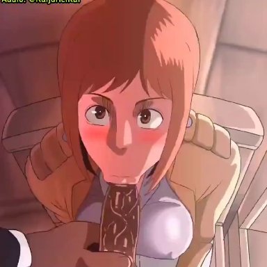 1boy, 1girls, animated, attack on titan, blowjob, blush, bouncing breasts, brown hair, d-art, dark-skinned male, erection, eye contact, fellatio, female, interracial