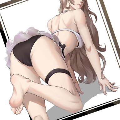 1girls, absurdres, all fours, alternate costume, ass, back, back view, bare back, barefoot, bikini, bikini skirt, blush, breasts, corrin (fire emblem), corrin (fire emblem) (female)