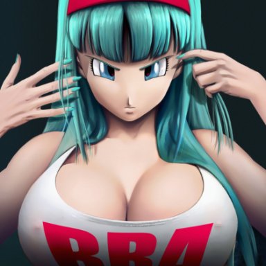 1girls, big breasts, blue eyes, blue hair, bra briefs, breasts, cleavage, clothed, clothing, color, dragon ball, dragon ball gt, dragon ball z, english, english text