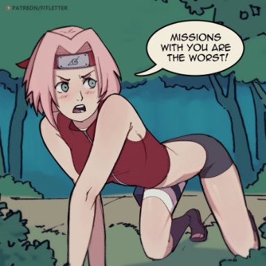 all fours, bent over, clothing, female, female only, fitletter, forest, green eyes, long hair, naruto, naruto (series), naruto shippuden, outdoors, pink hair, sakura haruno