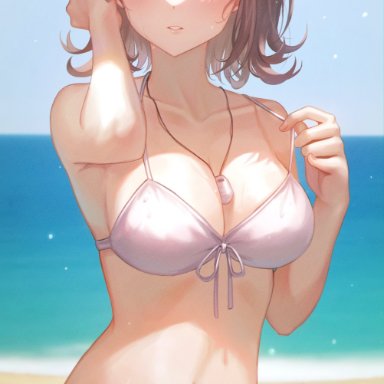 1girls, absurdres, bangs, bare arms, bare midriff, bare shoulders, bare thighs, beach, big breasts, bikini, blush, blushing, breasts, cleavage, collarbone