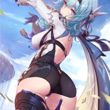 ass, backless outfit, black gloves, black hairband, blue hair, blue sky, boots, eula lawrence, female, fountain, from behind, from below, genshin impact, gloves, hairband