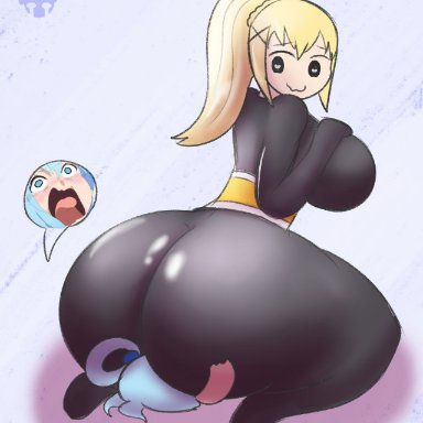 2girls, :3, aqua (konosuba), asphyxiation, ass, big ass, big breasts, big butt, blonde hair, blue eyes, blue hair, bottom heavy, breasts, darkness (konosuba), death by snoo snoo