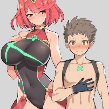 1boy, 1girls, 2020, absurd res, ara ara, ass visible through thighs, black gloves, blush, breast suppress, breasts, brown eyes, brown hair, covered navel, earrings, embarrassed