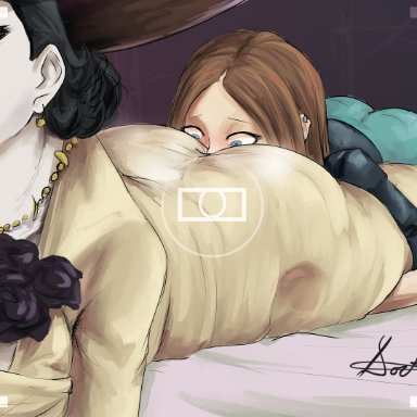 2girls, alcina dimitrescu, bed, big ass, big breasts, black hair, blue eyes, boob window, brown hair, camera, capcom, doktor malefic, dress, ear piercing, earrings