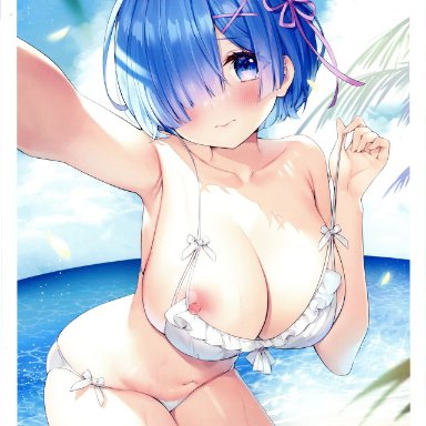 1girls, armpits, ayamy, bangs, bare arms, bare shoulders, beach, big breasts, bikini, blue eyes, blue hair, blue sky, blush, breasts, cleavage