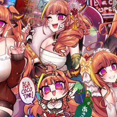 alternate costume, alternate hairstyle, big breasts, cleavage, curvy, dragon girl, dragon horns, fangs, hair ornament, hololive, horns, huge cock, kimono, kiryuu coco, looking at viewer