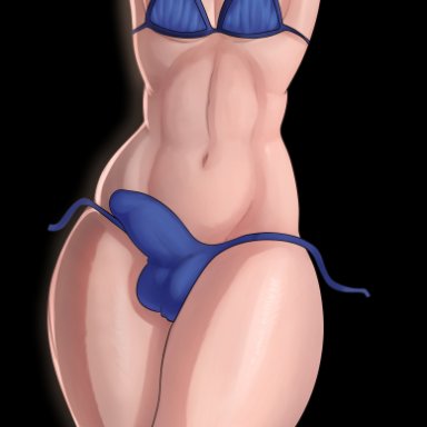 1boy, androgynous, balls, bikini, bulge, eyeshadow, femboy, girly, looking at viewer, male, male only, original, original character, pointy ears, shybred