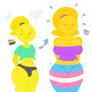 1boy, 1futa, ambiguous gender, big breasts, breasts, bulge, bursting breasts, busty, clothed, clothing, curvy, emoji, emoji (race), emoji boi, emoji gurl