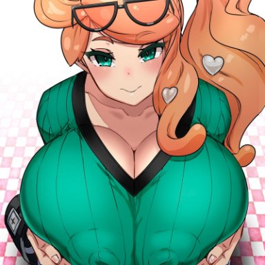 1boy, 1girls, big breasts, breasts, censor bar, censored, covered paizuri, eye contact, huge breasts, large breasts, long hair, looking at viewer, nintendo, nipple bulge, orange hair