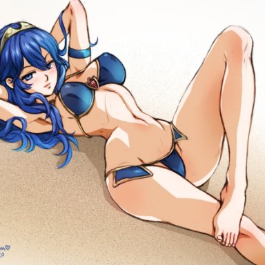 1girls, alternate costume, armpits, arms behind head, bare legs, bare midriff, bare shoulders, bikini, blue bikini, blue eyes, blue hair, blue swimsuit, covered nipples, fire emblem, fire emblem: awakening