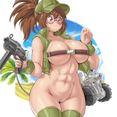 1girls, abs, beach, big breasts, blush, breasts, brown eyes, brown hair, female only, fio germi, large breasts, lewdamone, metal slug, nervous, pubic hair